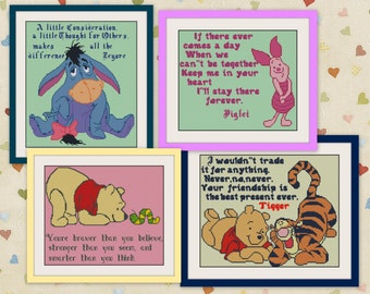 SET Björn och Nasse Korsstygn, Citat Korsstygnsmönster, Räknat Korsstygn Nålpyssel Broderi Nålarbete, Tigern, Ior Korsstygn