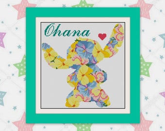 Barn och hans familj, Ohana betyder familj xstygn, citat korsstygn, BOGO, PDF räknat korsstygnsmönster, modernt korsstygn, R189