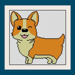 May include: A cross-stitch design of a smiling Corgi dog, winking with its left eye. The dog has orange and white fur, a black nose, and a pink tongue. The design is framed in a white square.