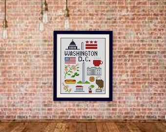 Washington DC korsstygnsmönster, bOGO, USA skyline broderidesign, PDF вышивки крестом,modern stad räknat diagram,R502