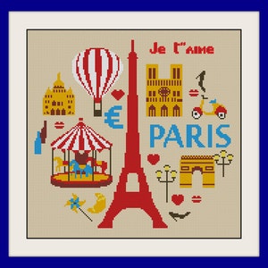 Könnte beinhalten: Kreuzstich-Design mit ikonischen Pariser Wahrzeichen wie dem Eiffelturm, Notre Dame und dem Arc de Triomphe. Enthält einen Heißluftballon, ein Karussell, einen Roller und die Texte "Je t'aime" und "Paris". Das Design ist blau umrandet.