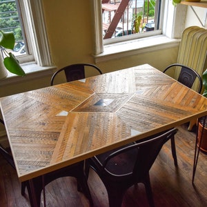 Custom Reclaimed Wood Lath Dining Table with Marble + Granite Inlay