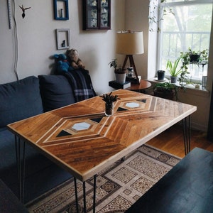 Custom Reclaimed Lath Dining Table with Marble + Granite Inlay