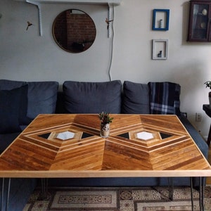 Custom Reclaimed Lath Dining Table with Marble Granite Inlay image 2