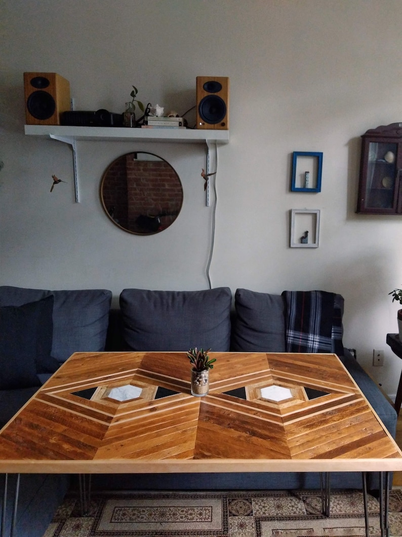 Custom Reclaimed Lath Dining Table with Marble Granite Inlay image 2