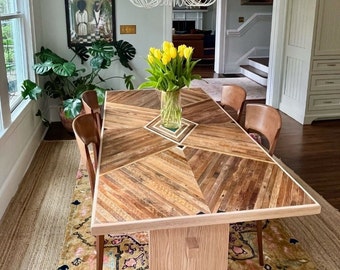 Custom reclaimed wood dining table with marble and granite inlay/ pedestal base/ reclaimed oak