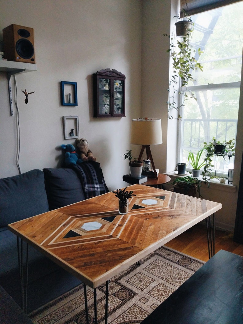 Custom Reclaimed Lath Dining Table with Marble Granite Inlay image 1