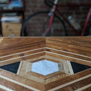 Custom Reclaimed Lath Dining Table with Marble Granite Inlay image 3