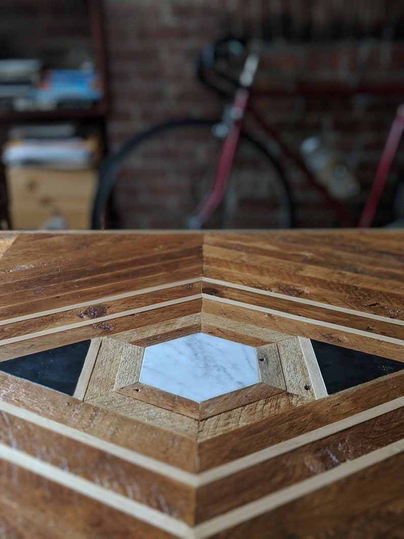 Custom Reclaimed Lath Dining Table with Marble Granite Inlay image 3