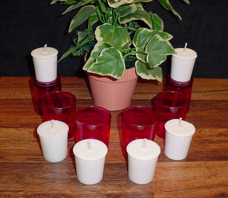 Homemade set of 6 votive candles and pink glass candle holders