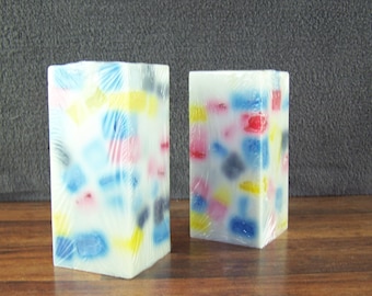 Pair of 3" square multi-colored chunk pillar candles