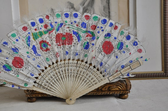 Antique White Feather Hand Fan, Edwardian Feather… - image 3