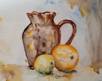 ヴィンテージフランスの静物水彩画：水差しと果物、サイン入り - Etsy 日本