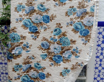 Vintage 1960s Französischer Baumwollstoff: Blaues Rosen-Druck, dicker Stoff