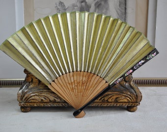 Gold Antique Japanese Hand Fan, French Fan, Vintage Paper Fan, Black Laquer Wood Sticks, Boudoir Asian Decor, MOP Decoration, Paris
