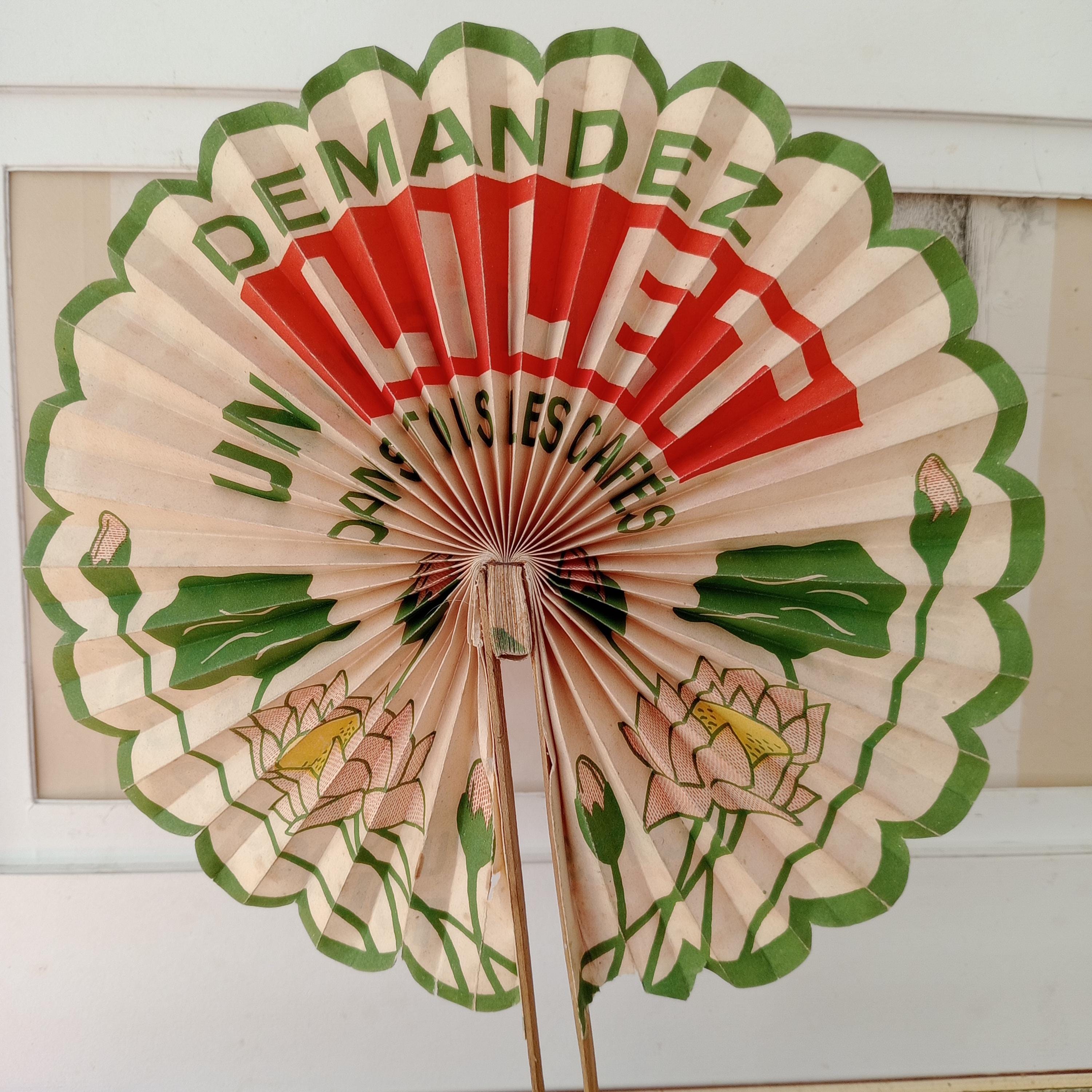 Art Nouveau French Paper Fan, Le Cressonnee, Advertising Hand Fan, Red, Blue and Green, Cockade, Antique French Wine Alcohol, Fan, France