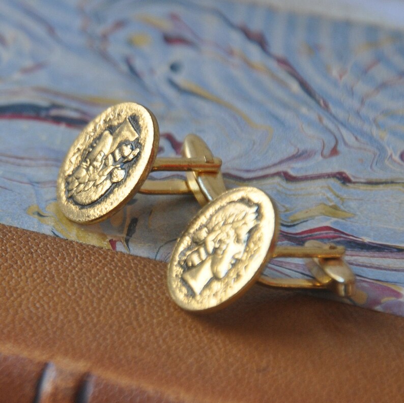 Vintage Greek Coin 1960s Mid-Century Vintage Gold-Tone Greek Coin Cuff Links Athena Cufflinks