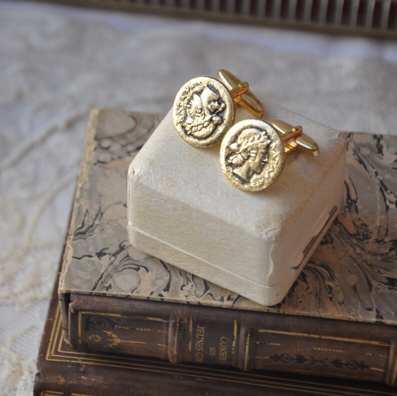 Vintage Greek Coin 1960s Mid-Century Vintage Gold-Tone Greek Coin Cuff Links Athena Cufflinks