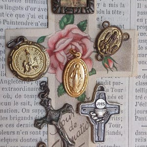 Vintage French Medallion Lot, Miniature Vintage Catholic Jesus Cross, Silver Tone Metal, Prayer Christian Medals, Made in France