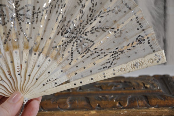 Antique Edwardian French Fan, Sequins Sparkles, C… - image 3