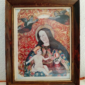 vintage Spanish Virgin Mary Icon, Religious Shrine, Lithograph Relic, Reliquary, Crowned Madonna, Catholic Christian