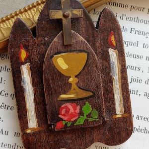Small Travel Vintage French Shrine, Triptych Icon, Archangel Micheal, Wood Devotional, Carved Frame, 1970s