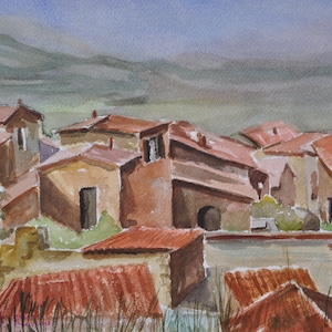 Vintage French Painting, French Village, 1970s Painting Picture, Signed, Watercolour, Country Houses Vintage Art, Countryside