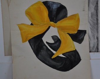 Peinture française art déco, aquarelle française des années 1940, noeud jaune sur ruban noir Art de Paris, géométrique, décoration française vintage, artiste féminine