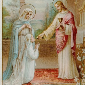 Immagine di preghiera francese antica, devozionale, immagine religiosa sacra, immagine di Missel, immagine della comunione, regalo cattolico, cristiano dalla Francia, Gesù