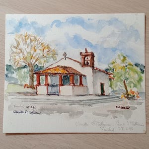 Vintage French Painting, French Village Church Chapel, 1990s Painting Picture, Signed, Watercolour, Country Houses Vintage Art, Countryside