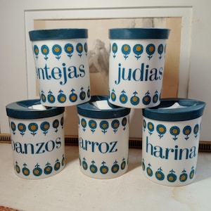 Set of 5 Vintage Spanish Kitchen Canisters, 1960 1970 Kitchen, Spice Jars, Plastic Containers, European Decor, Kitchen Pots, Canisters