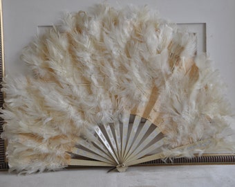 Antique Victorian French Hand Fan, White Feathers, White Beige Satin, Vintage Hand Fan, Pierced Bone Sticks, 12" Large, Boudoir Decor, Paris