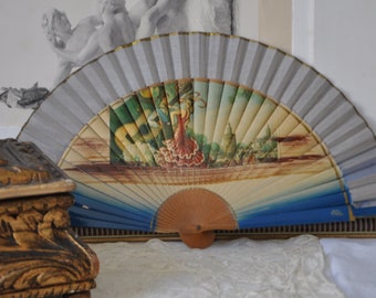 Small Vintage Spanish Folding Hand Fan, Flamenco 7.5" fan, Bullfight, Vintage Blue Fan, Vintage Ladies Fan, Boudoir Decor Made in Spain