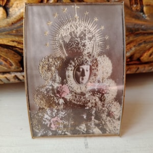 Vintage Spanish Virgin Mary Icon: Gold Tone Reliquary Shrine
