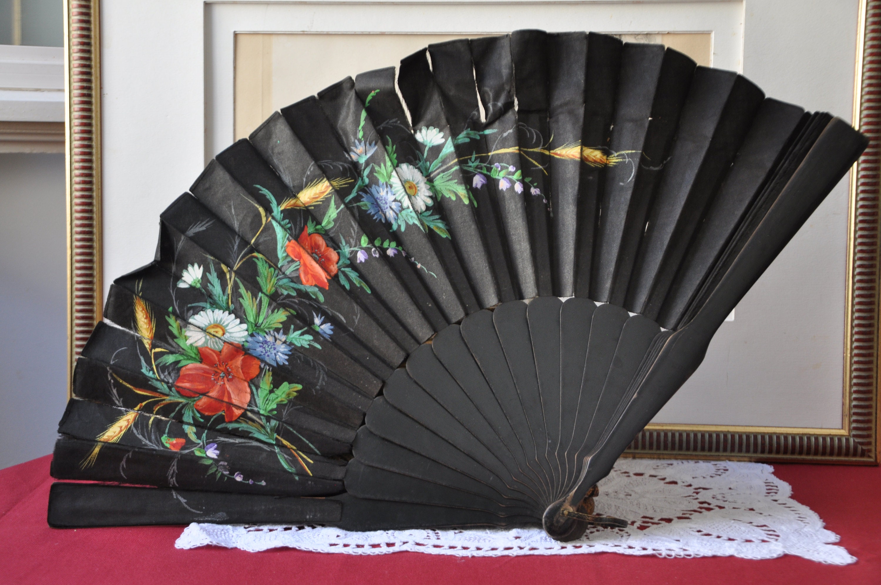 全信頼を寄せる French Antique Victorian XL Fan, Fan Hand Black Antique Clothing
