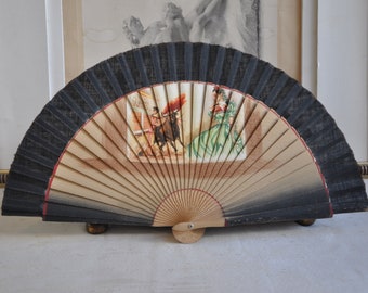 Vintage Spanish Fan, 1940s Flamenco Fan, Bullfighting Wood Fan, Black Wood Guards, Hand Held Fan, Flamenco Accessories, Spain  Fan Spanish