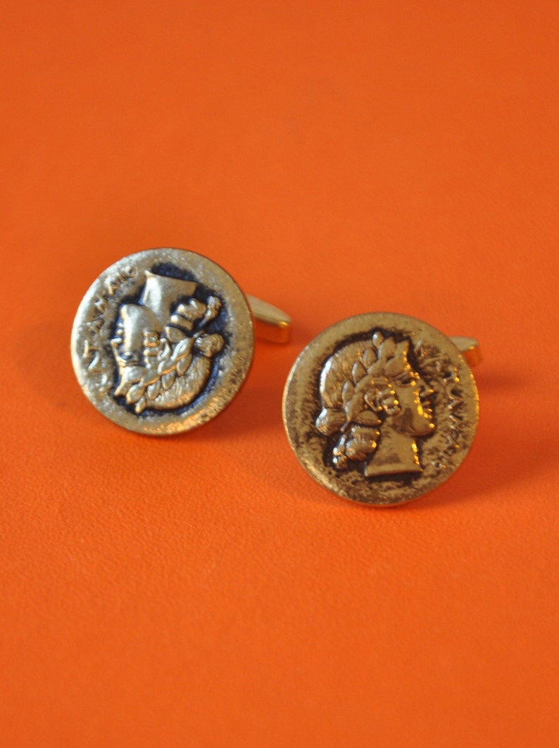 Vintage Greek Coin 1960s Mid-Century Vintage Gold-Tone Greek Coin Cuff Links Athena Cufflinks