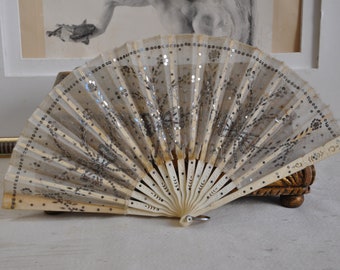 Antique Edwardian French Fan, Sequins Sparkles, Carved Bone Frame, European Hand Fan, AS-IS Folding Fan, France