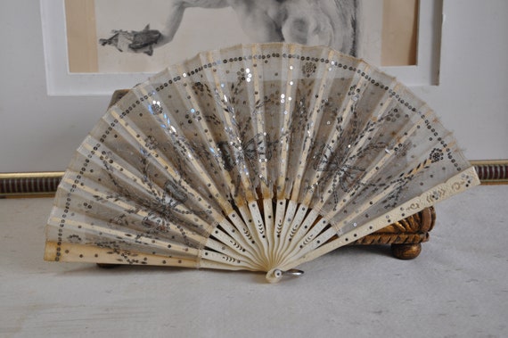 Antique Edwardian French Fan, Sequins Sparkles, C… - image 1