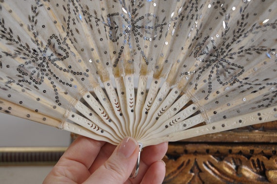 Antique Edwardian French Fan, Sequins Sparkles, C… - image 6