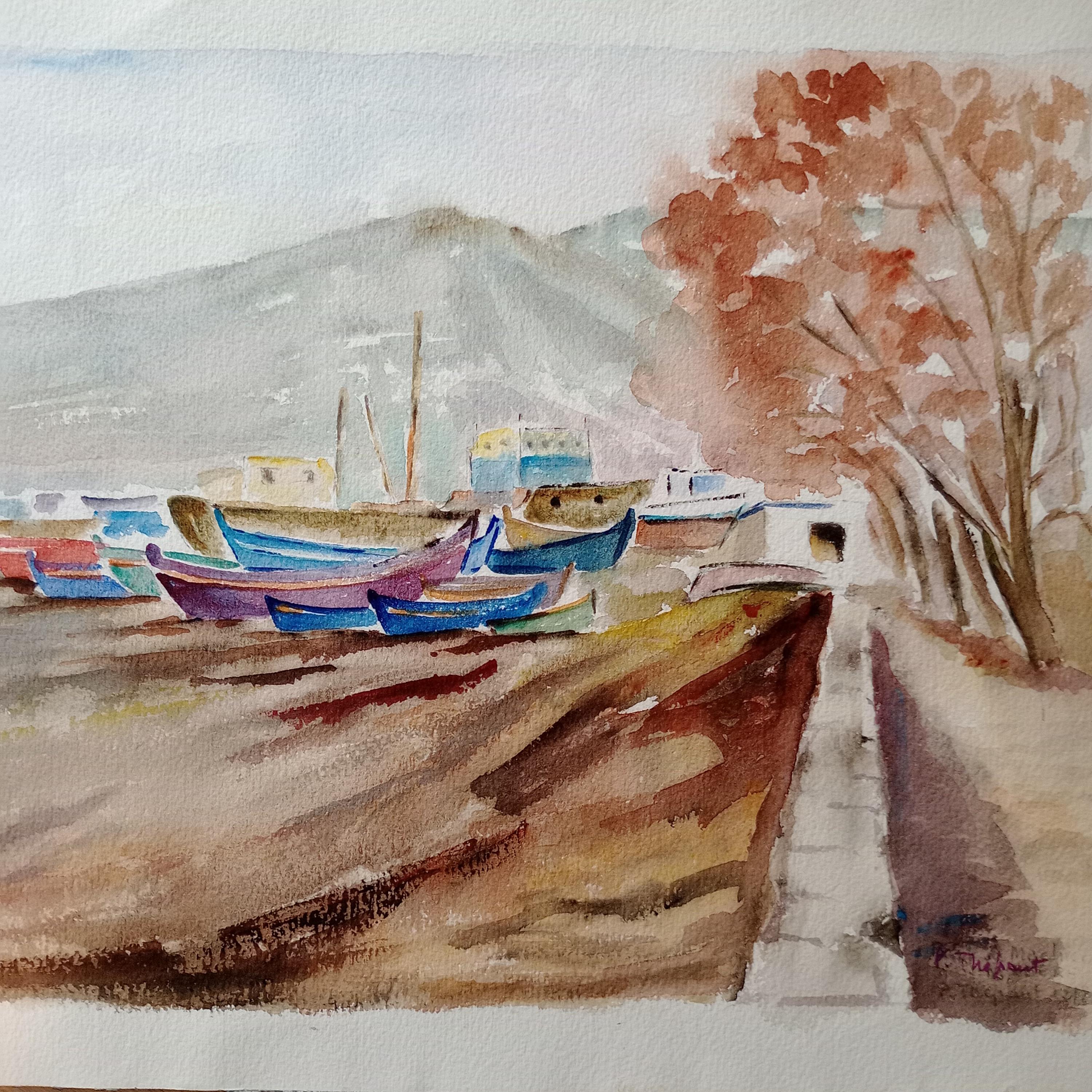 1970年代フランスの海景画：ヴィンテージ水彩画（16 x 12インチ
