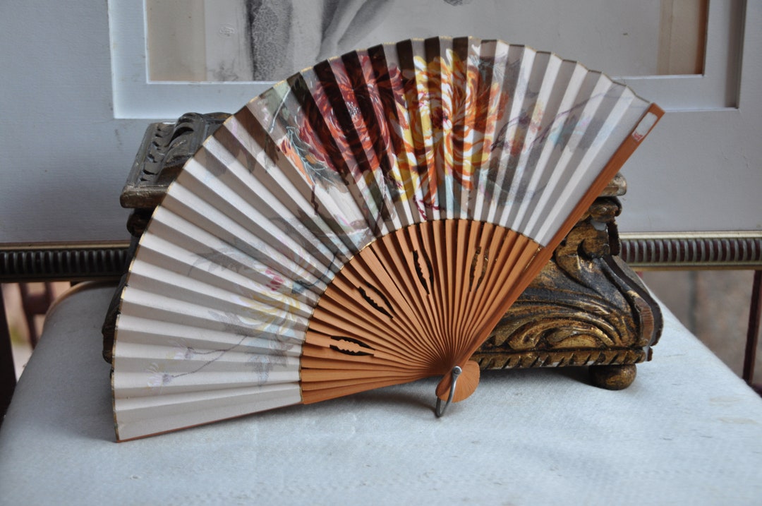 Antique MOP Japanese Paper Hand Fan, Purple Blue Folding Fan, Vintage