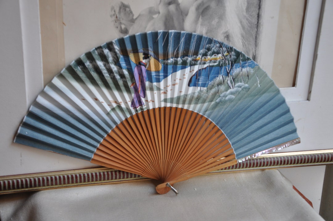 Antique MOP Japanese Paper Hand Fan Purple Blue Folding Fan Etsy