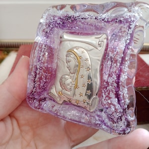 Vintage Italian Virgin Mary Icon, Purple Religious Devotional, Silver Metal and Glass Plaque, Reliquaire Crown Madonna, Catholic Christian,