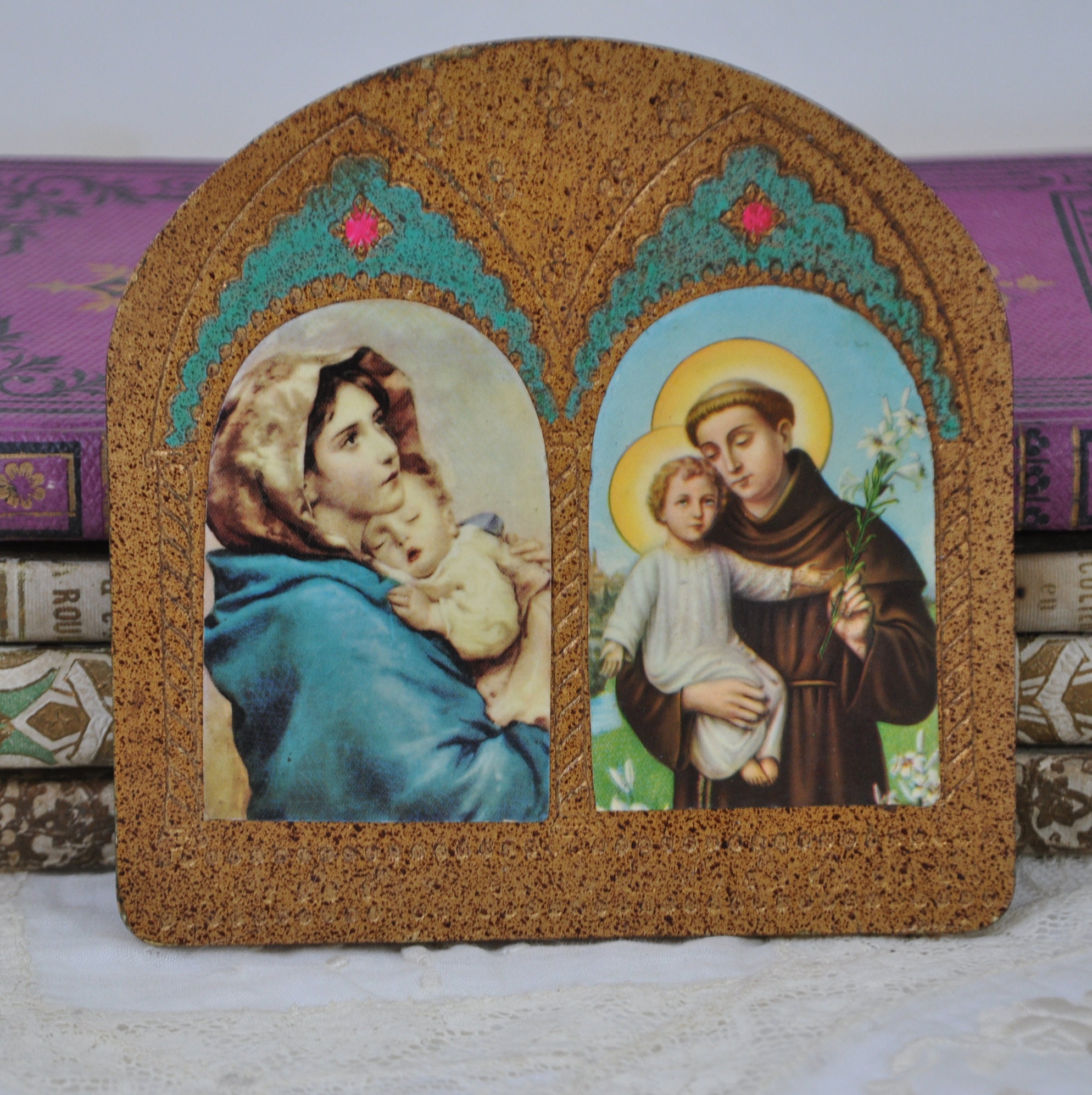 Icône Florentin Italien Vintage, Sainte Famille Madonna Marie, Ancienne Catholique Christian Icone, 