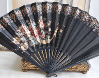 Gorgeous Victorian Antique French Fan, Very Good Condition, Black Hand Fan, 1890 Vintage Ladies Edwardian Fan, Paris Boudoir, Flowers