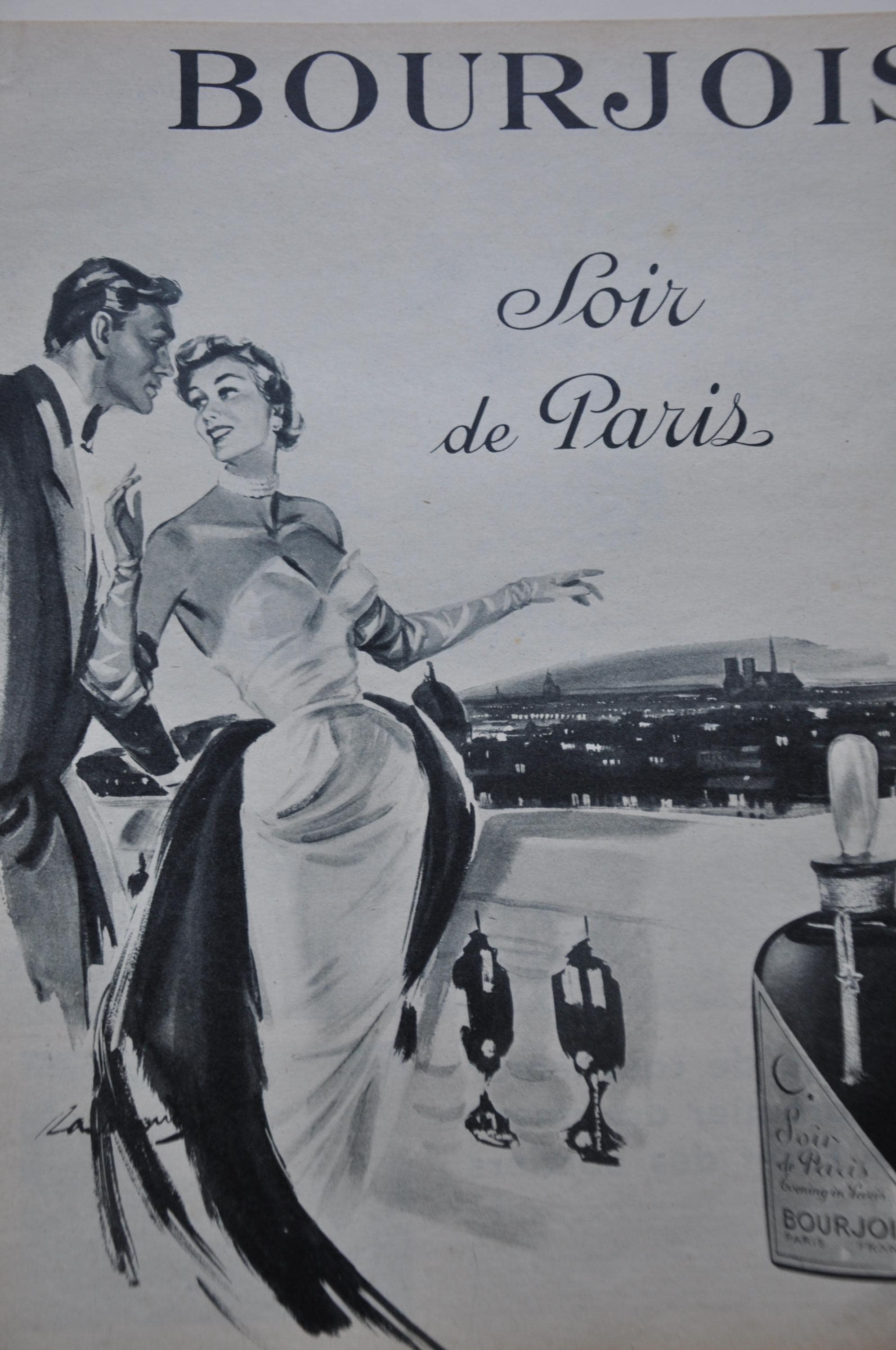Soir De Paris Perfume Ad: 1950s French Fashion Magazine Art