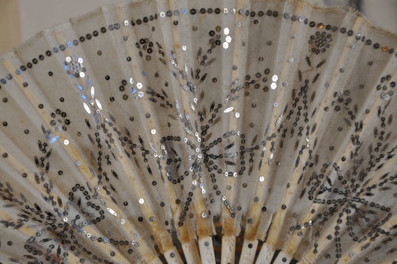 Antique Edwardian French Fan, Sequins Sparkles, C… - image 2