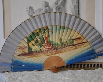 Small Vintage Spanish Folding Hand Fan, Flamenco 7.5&quot; fan, Bullfight, Vintage Blue Fan, Vintage Ladies Fan, Boudoir Decor Made in Spain