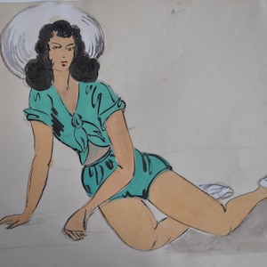 Vintage French 1940s Pin up Painting, Art Deco Portrait, Antique French Art, Boudoir, Watercolor Painting, Orginal, Feminine, France